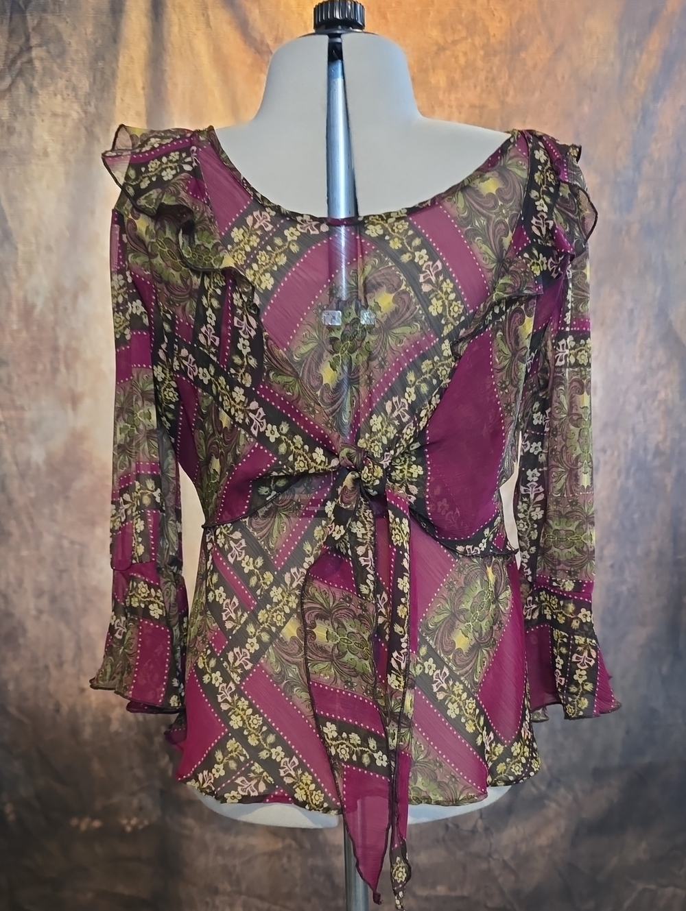 Floral Patchwork Tie-Front Blouse in Magenta and Olive by Versailles